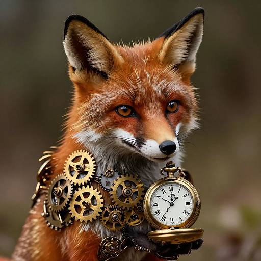 Photorealistic digital art of a fox with vibrant orange fur and black-tipped ears, wearing a gear-adorned, vintage pocket watch around its