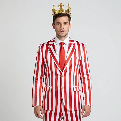 Photograph of a serious-looking man with short dark hair wearing a red and white striped suit, red tie, and gold crown, against a plain white