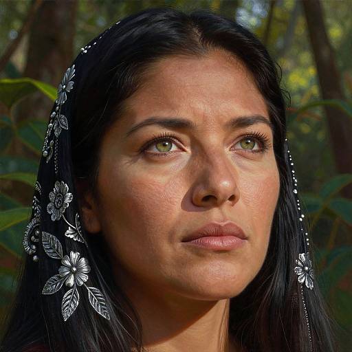 Photograph of a beautiful South Asian woman with green eyes, dark hair, and silver floral headpiece, gazing upward in a lush forest.