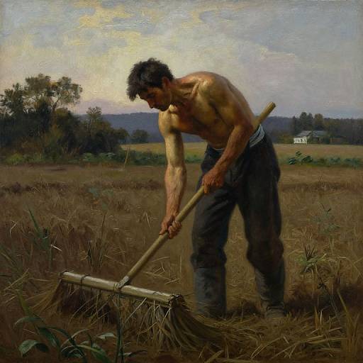 A muscular, shirtless man with dark hair and gray pants harvests hay with a rake in a field under a cloudy sky. Painting.