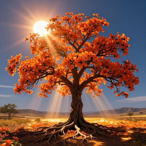 Fiery Blooming Tree with Sunburst