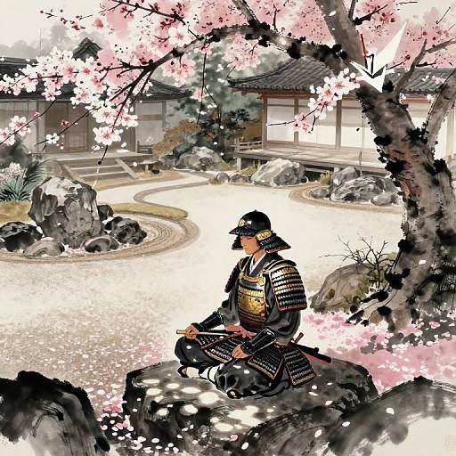 Digital painting of a samurai in black and gold armor, sitting on a rock under blooming cherry blossoms, traditional Japanese garden background.