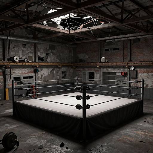 Abandoned, dimly-lit boxing ring in a dilapidated warehouse with cracked ceiling, exposed bricks, and scattered debris, illuminated by a single