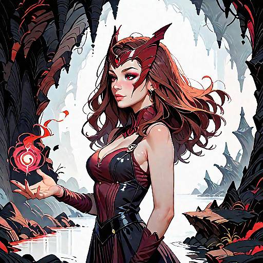 Digital illustration of a red-haired, fair-skinned sorceress with black armor, red gem on forehead, and glowing red magic orb, set against
