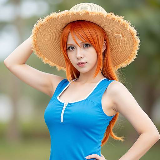 Digital art of a cute anime girl with long red hair, wearing a blue tank top and straw hat, posing outdoors.