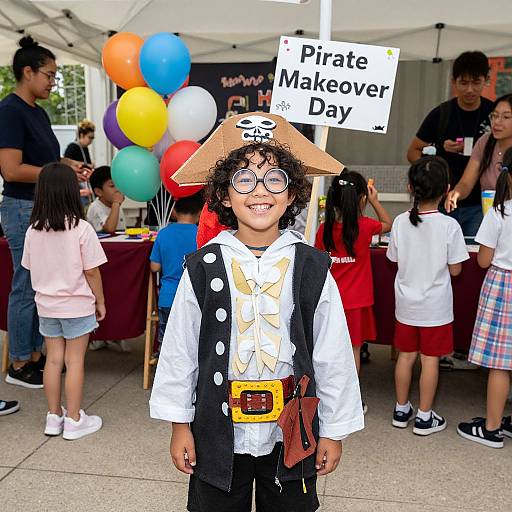 Photograph of a young boy with curly hair, pirate costume, eyepatch, and black vest, smiling at a 