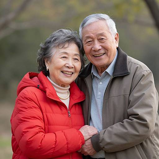 Photograph of an elderly Asian couple smiling closely, woman in red jacket, man in brown jacket, holding hands outdoors.