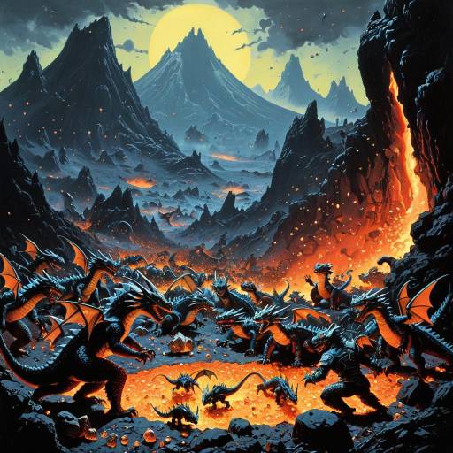 Surreal Frolicking Dragons in Volcanic Landscape