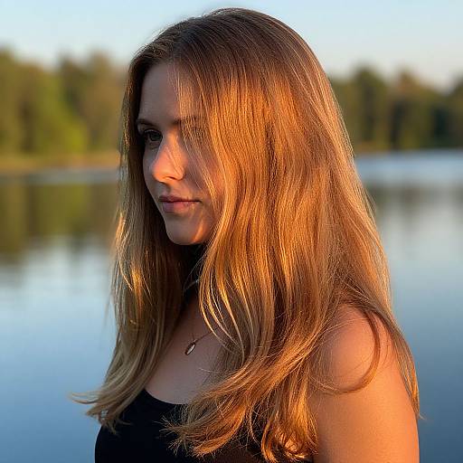Photograph of a young woman with long, sun-kissed brown hair, wearing a black top, standing by a calm lake at sunset, with