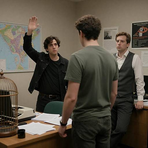 Three Men in a Cluttered Office