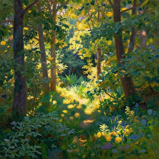 Sunlit forest scene with vibrant yellow leaves, dense green foliage, and tall trees, creating a dappled light effect in a colorful digital painting.