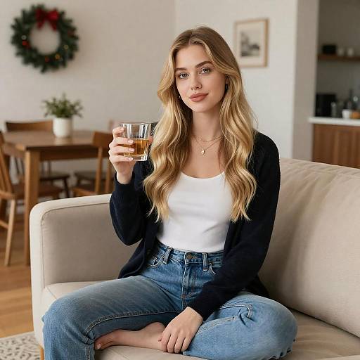 Young Woman Holding Drink on Couch