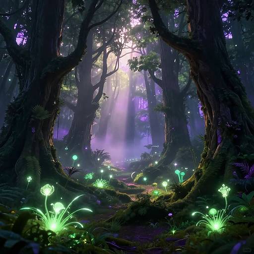 Digital fantasy artwork of a mystical forest with glowing green flowers, towering dark trees, and ethereal sunlight filtering through dense foliage.