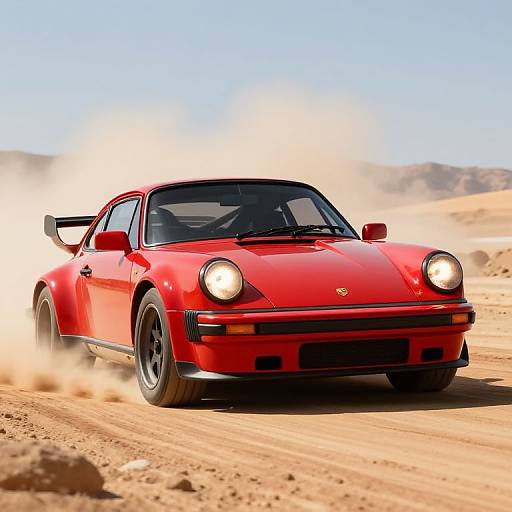 Photograph of a bright red Porsche 911 speeding through a dusty desert, headlights on, creating a cloud of sand behind.