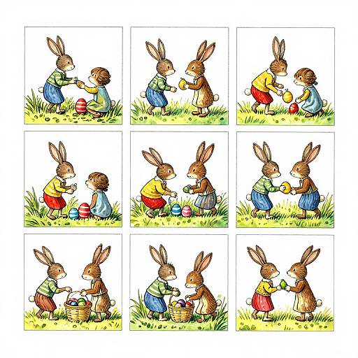 Illustration of nine comic-style panels showing two anthropomorphic rabbits in colorful clothes exchanging Easter eggs and baskets in a grassy field.
