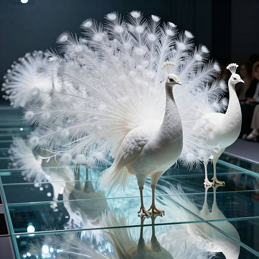 Photograph of glowing, radiant white peacocks with illuminated, feathery tails standing on a reflective glass surface, creating a luminous effect in