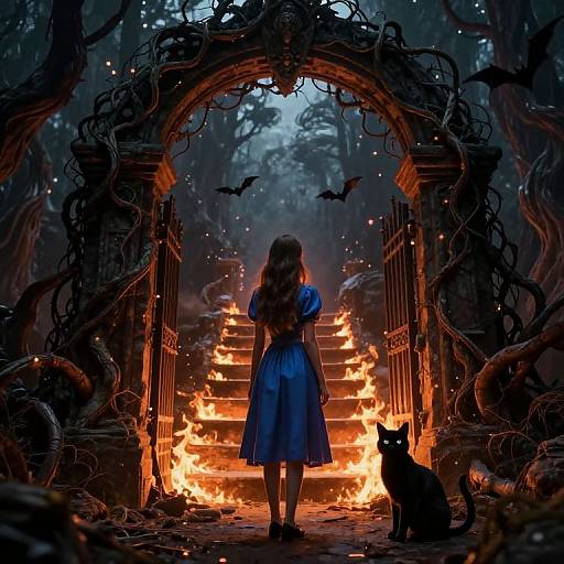 Digital artwork: A girl in a blue dress stands before a fiery, twisted archway, with bats flying above and a black cat beside her. Dark
