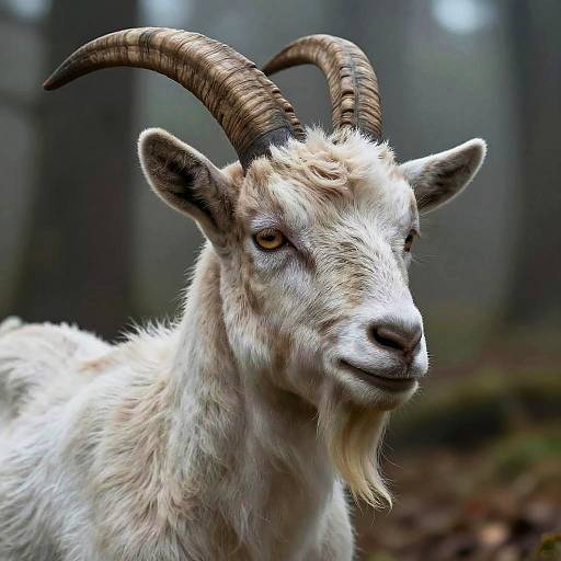 Photograph of a white goat with curved, textured horns, yellow eyes, and a beige beard, set against a blurred forest background.