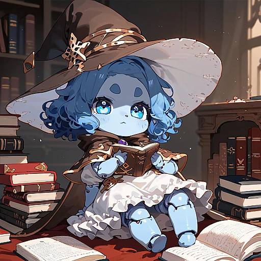 Chibi Cracked Blue Witch Among Books