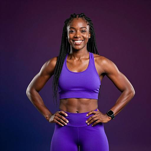 Photograph of a smiling, muscular Black woman with long braids, wearing a purple sports bra and matching leggings, against a dark purple background. She