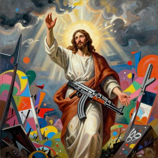 Digital painting of Jesus with a halo, brown robe, and white tunic, holding a rifle, set against a chaotic, colorful, and abstract background