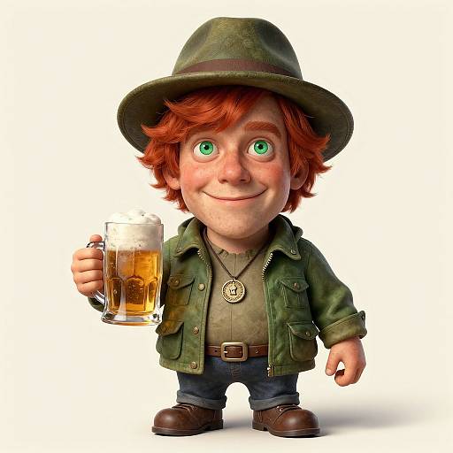 Chubby, red-haired cartoon boy with green eyes, wearing a green hat, jacket, and shirt, holds a frothy beer mug, smiling.