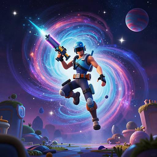 Digital artwork of a muscular, blue-armored space soldier mid-leap, wielding a glowing blue laser gun, amidst swirling purple and blue cosmic vortex,