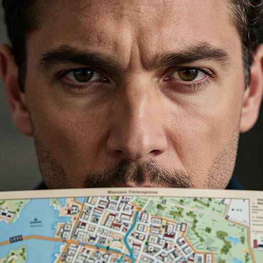 Close-up photograph of a serious man with brown eyes and dark hair, intensely looking at a colorful city map below his nose.