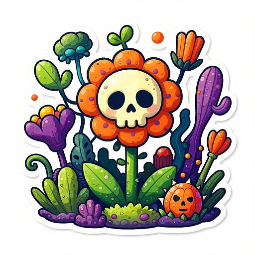 Colorful cartoon flower with a skull face, surrounded by vibrant purple, green, and orange plants, and a pumpkin with a smiley face. Digital