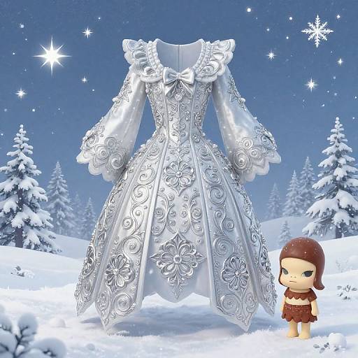 Digital art of a silver, ornate, winter dress with intricate floral patterns, displayed in a snowy forest with a small brown-haired doll.