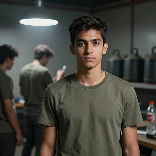 Young Man in Dim Industrial Setting