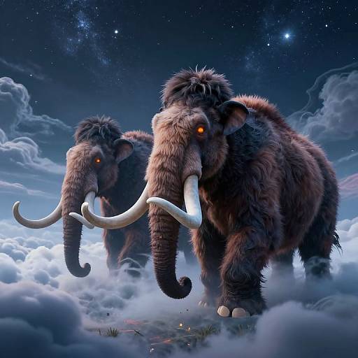 Digital artwork of two woolly mammoths with glowing orange eyes and large white tusks standing amidst clouds at night under a starry sky.