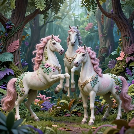 Digital fantasy artwork of two white, pink-maned horses with floral harnesses standing in a vibrant, enchanted forest filled with lush greenery and colorful flowers
