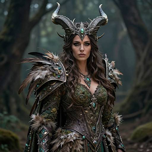 Photorealistic digital art of a dark-haired, fair-skinned woman with ornate, horned armor, green lace corset, and fur trim
