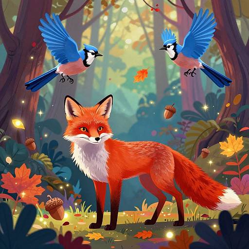 Digital illustration of a vibrant red fox with white chest, surrounded by two blue and black birds in a magical forest, with colorful leaves and glowing fairy lights