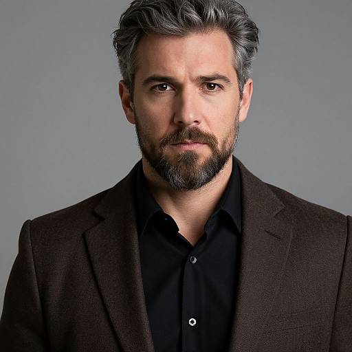Photograph of a handsome middle-aged man with gray hair, beard, and serious expression, wearing a black button-up shirt and dark brown blazer,