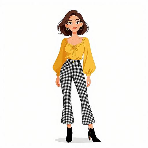 Digital illustration of a stylish woman with shoulder-length brown hair, wearing a yellow blouse, black-and-white checkered pants, and black ankle boots, standing