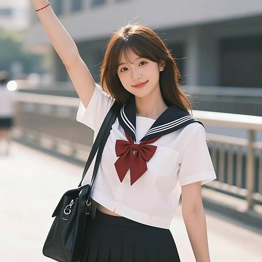 Asian Girl in Sailor School Uniform Raising Arm