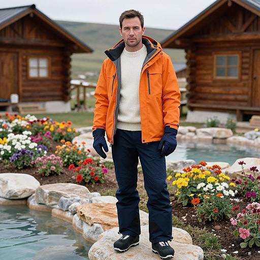 Photograph of a man in an orange jacket, white shirt, black pants, and gloves, standing on a rock by a colorful flower garden and wooden