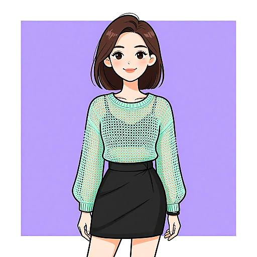 Digital anime-style drawing of a cute young woman with brown hair, wearing a light green, dotted sweater and black skirt, smiling against a purple background.