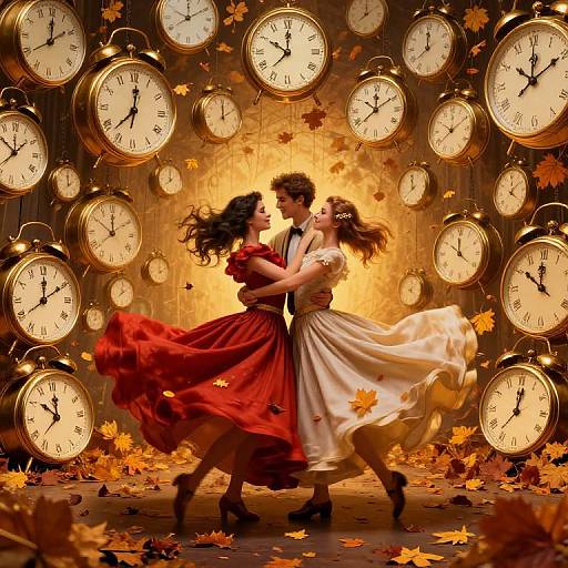 Digital artwork of a dancing couple in red and white dresses surrounded by floating clocks, autumn leaves, and a glowing golden background.