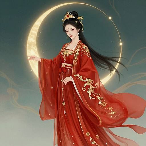 Digital illustration of a beautiful Asian woman in a red, gold-embroidered kimono, holding a glowing circular halo, with long black hair and
