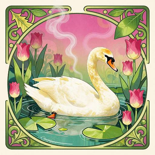 Vibrant digital illustration of a white swan with an orange beak, surrounded by pink tulips, green leaves, and lily pads in