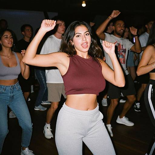 Photograph of a diverse group dancing in a dimly lit room. Central woman with medium brown skin, black hair, maroon crop top, white