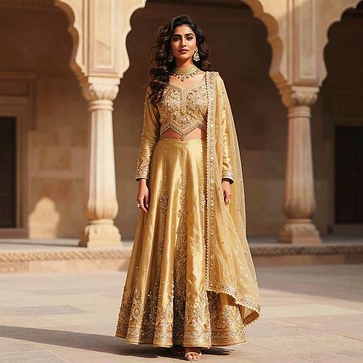 Photograph of a South Asian woman with long black hair, wearing a gold, intricately embroidered traditional lehenga and choli, standing in a sun