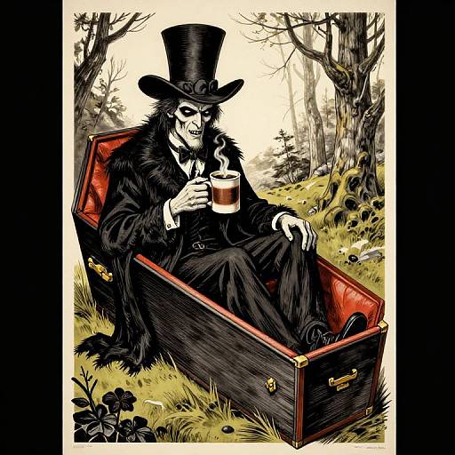 Vintage Nosferatu Drinking Hot Coffee in Coffin