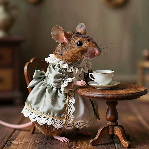 Rat in Victorian Outfit Having Tea