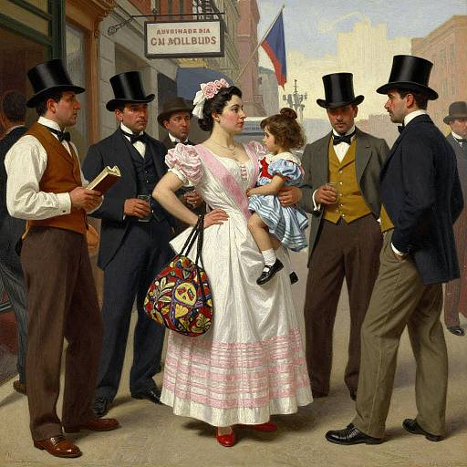 Victorian-era painting of a woman in white dress with red accents, top hat men, holding a child, outside 