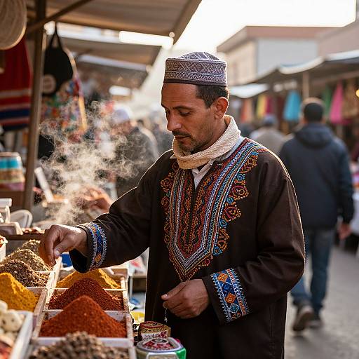 Photograph of a Middle Eastern man in traditional embroidered brown robe and white headscarf, selling spices at a bustling outdoor market, with steam rising from