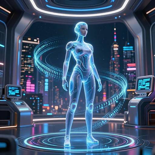 Digital CGI of a glowing, blue-lit, futuristic female android with intricate circuitry, standing in a neon-lit control room.